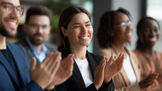Faceless diverse group of professionals joyfully applauding and celebrating success together in a corporate recognition and employee appreciation concept. Defocused office