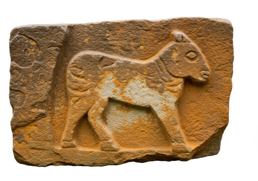 Prehistoric stone bas relief depicting a horned ram, zoomorphic sculpture, ancient petroglyph, archaeological artifact, carved sandstone panel, Neolithic or Bronze Age motif.