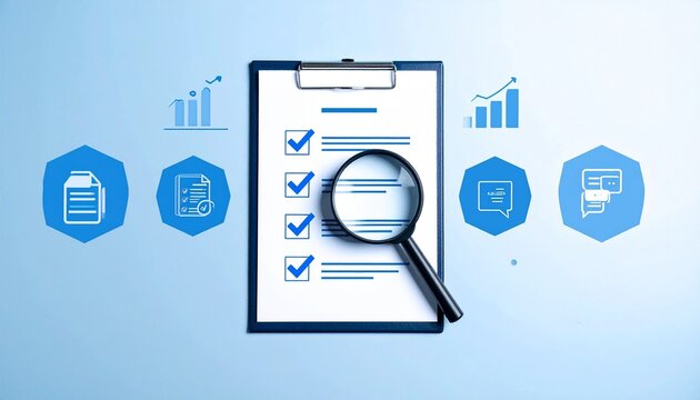 Blue clipboard checklist magnifying glass productivity review