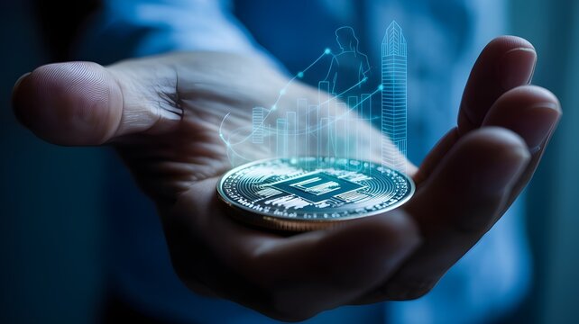 Future of finance hand holding a digital coin innovative technology concept