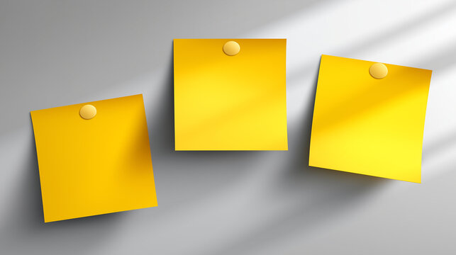 Three yellow sticky notes on a transparent background for office, study, and planning design use. Yellow sticky notes, transparent background, office planning, study concept ,