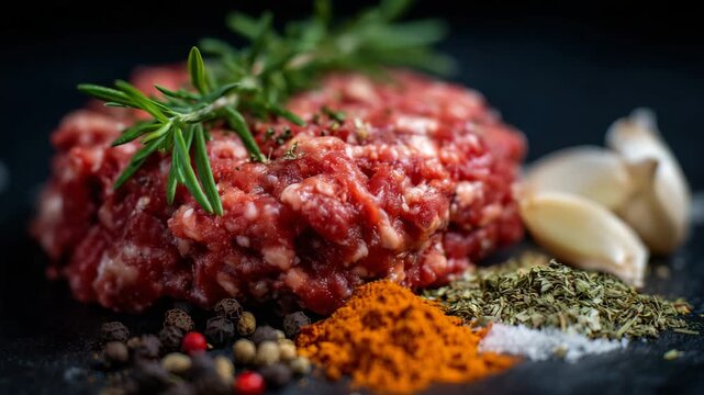 Macro shot of mixed spices on minced meat surface, red paprika, green herbs, black pepper grains, emphasizing detail and preparation quality