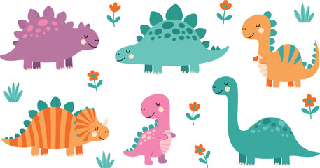 Obraz premium Adorable Cartoon Dinosaurs in Various Colors and Poses for Kids’ Illustrations, Fun Designs, and Creative Projects