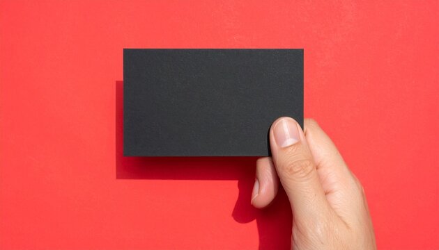 Hand holding black card against bright red background