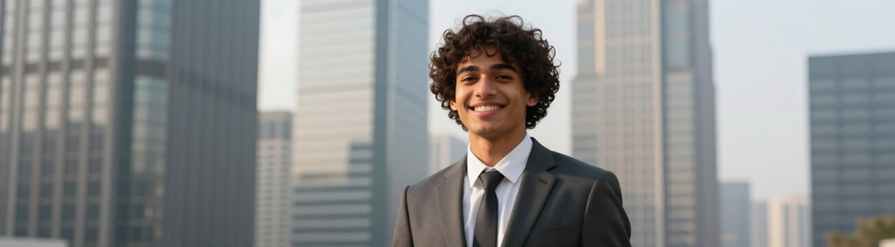 youthful american male unruly curls wears tailored business suit beams warmly amidst backdrop sleek contemporary