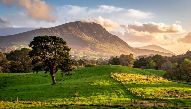 Rolling green hills meet a mountain under a bright, cloudy sky at sunset