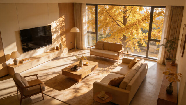 Modern Living Room with Autumn View