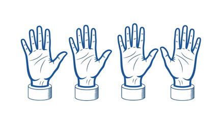 Obraz premium Minimalist hand line art icons, set of four open palms with blue outlines, simple human hand gestures for communication and voting, vector illustration