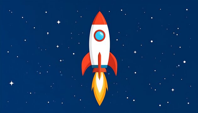 Cartoon rocket flying upwards, flames blazing, against starry dark blue space