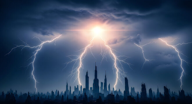 Dramatic lightning storm over cityscape powerful electrical discharge and night sky