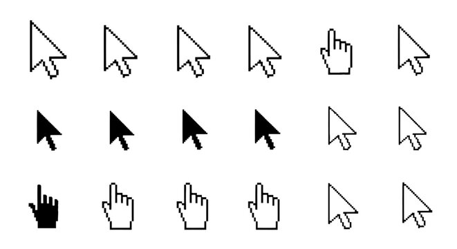 Minimalist computer mouse cursor icon set, black and white arrow pointer symbols, digital hand clicker icons for web interface design