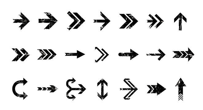 Grunge black arrow icons set, hand drawn textured pointer collection, 21 distressed vector arrows for navigation and web design