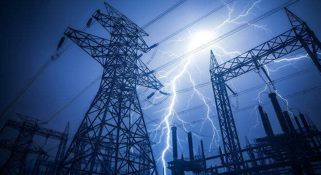 Dramatic lightning strike near power lines and electrical towers a powerful storm scene