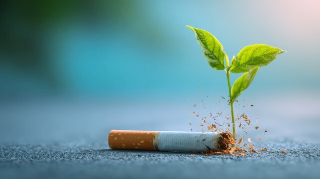 A Green Leaf Sprouts from a Broken Cigarette Highlighting Health Impacts of Smoking in Nature&rsquo;s Resilience