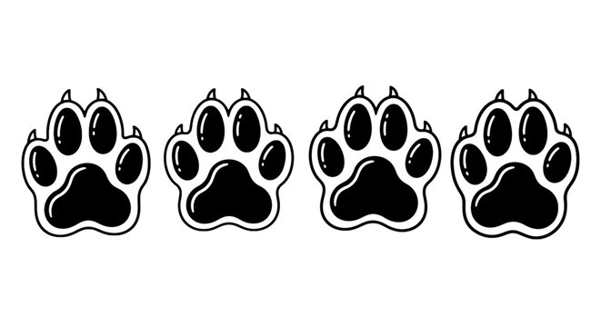 Black animal paw prints with claws, set of 4 glossy pet footprint icons, wild beast track vector illustrations for nature and veterinary design