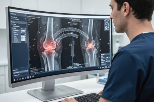 Doctor analyzing knee scans on large monitor with AI diagnostic overlays