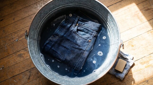 raw denim selvedge jeans getting soaked in bleach inside of a blue plastic bucket top view