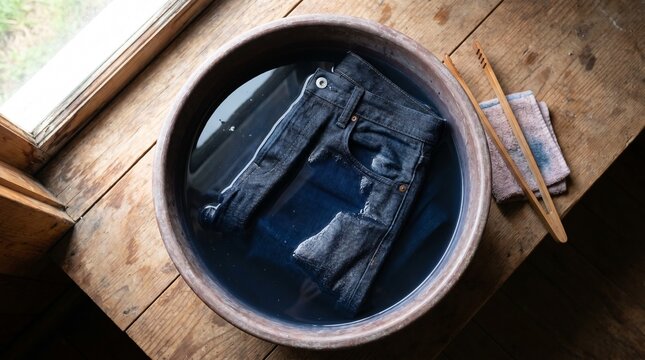 raw denim selvedge jeans getting soaked in bleach inside of a blue plastic bucket top view