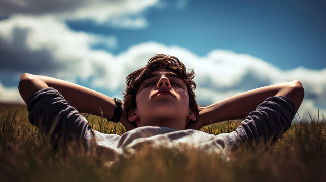 Teenager lying on grass looking at clouds, hands behind head, no phone nearby, digital detox concept, bright sky, feeling of freedom, soft natural lighting
