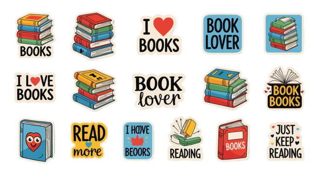 Retro book lover sticker set with 15 colorful reading icons, vintage library aesthetic illustrations, literary quotes and book stack vector graphics