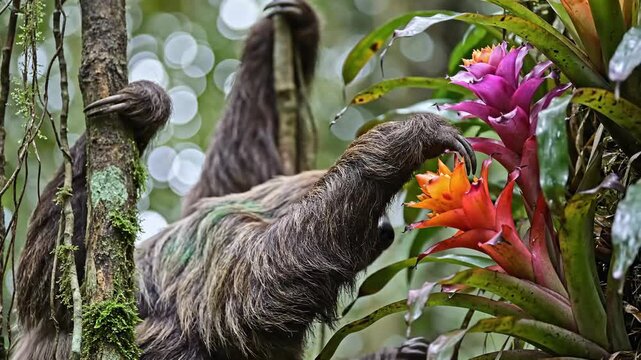 Two-toed Sloth Reaching For Colorful Bromeliad Flowers