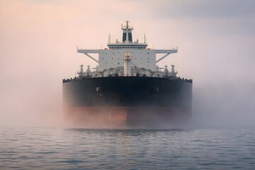Obraz premium Massive tanker ship sailing in misty ocean with dramatic perspective