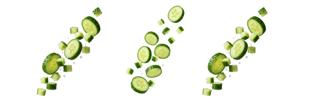 Fresh Cucumber Slices Falling Isolated Transparent Background Healthy Food Concept