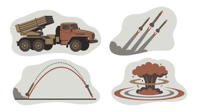 Military rocket launcher vehicle, MLRS artillery salvo, trajectory arc, and explosion flat vector set