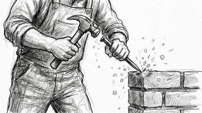 Sketch of a manual laborer using a hammer and chisel on a stone block for hard work concept representing craftsmanship and perseverance in building foundations