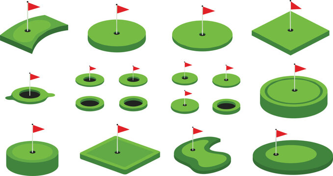 Isometric vector set of green golf course putting holes with red flags and grass patches for sport game design navigation and tournament competition layout isolated on white background.