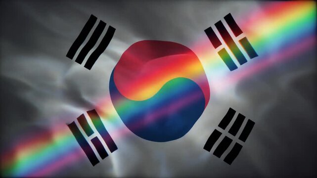 A waving South Korean flag (Taegeukgi) with a vibrant rainbow spectrum emanating from its central Taegeuk symbol, symbolizing diversity and pride.