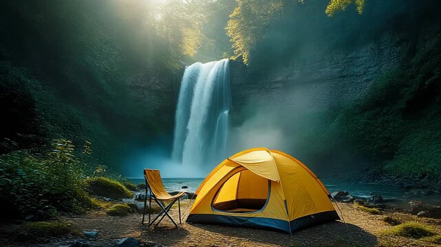Lakeside campsite with yellow tent and waterfall backdrop