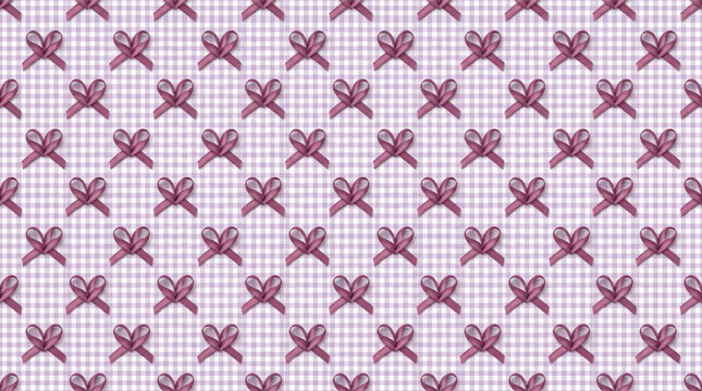 Purple gingham seamless pattern with cute ribbon hearts. Pink checkered grid background for gift wrapping paper, textile and fabric. Sweet romantic valentines day print. Pastel wallpaper.