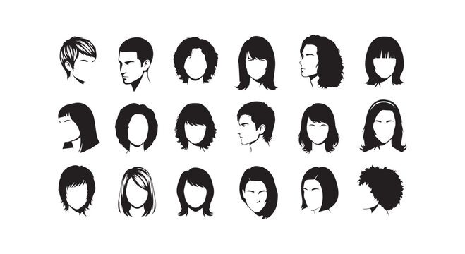 Diverse hairstyles and haircuts silhouette collection, male and female portraits, modern and classic hair styles, fashion icons.