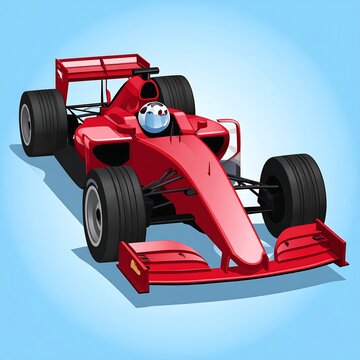 Sleek red racing car, stylized, front view. Shadow cast on the blue background. Driver is in a white helmet
