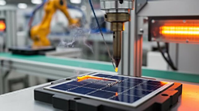 Soldering solar cells with precision using molten solder on silver busbar track in a workshop