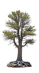 Obraz premium Majestic Old Pine Tree with Exposed Roots Isolated on White Background