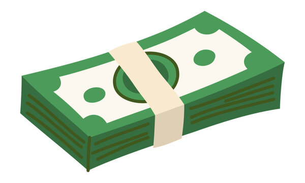 Bundle of cash, stack banknotes. Stack of green paper money with white band. Vector illustration