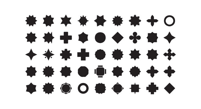 Geometric shape collection featuring stars polygons circles and crosses for creative graphic design and pattern construction.