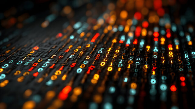 Digital encryption code matrix background with security algorithm, glowing numbers, and cyber protection theme