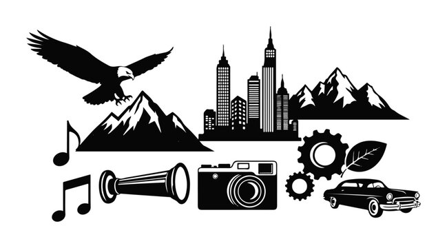 Collection of diverse graphic elements including an eagle mountains cityscape camera music notes and vintage car representing travel nature and urban life