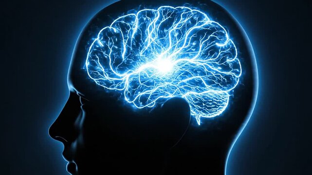 Human brain silhouette with glowing energy representing thought process
