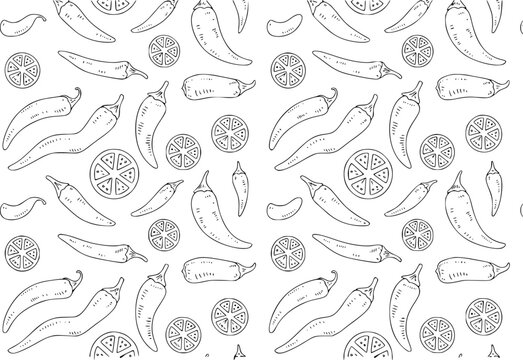 Hand-drawn black and white chili peppers and tomato slices pattern white background