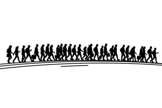 Silhouette of Migration: A line of silhouetted individuals walk purposefully, signifying migration, journeys, and the spirit of movement and transition.
