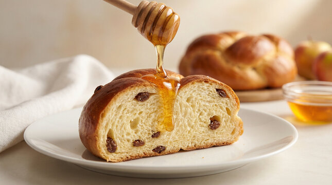 Close-up of round raisin challah slice on white plate with honey drizzled from wooden dipper, soft bread interior visible, Rosh HaShanah table