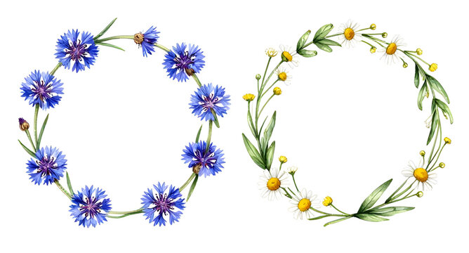 watercolor wreath, floral wreath, cornflower wreath, daisy wreath, blue flowers, white daisies, botanical illustration, floral arrangement, circle wreath, wedding decor, rustic flowers, hand painted w