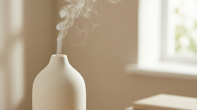 Wireless contemporary diffuser at home, minimalist style, intimate close-up of top, neutral background, advertising photo without text