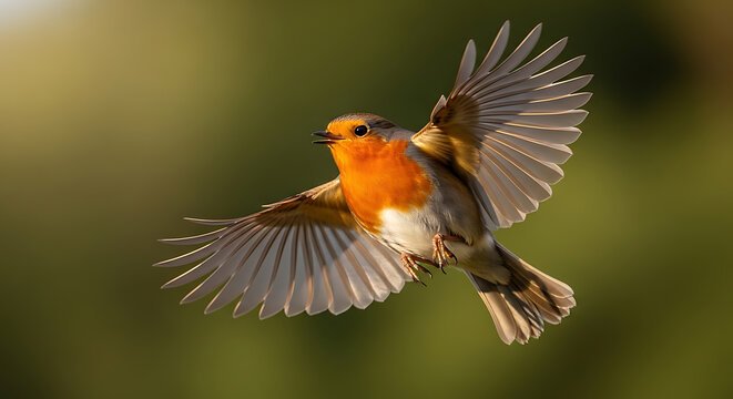 A vibrant european robin in mid flight wings spread captured beautifully on transparent background