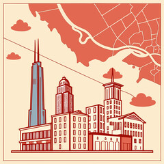 Obraz premium Modern skyline cityscape with abstract map overlay architecture buildings skyscraper metropolis illustration development construction business planning geography location cartography