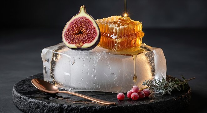 Fresh fig and honeycomb with dripping honey on clear ice block served on black stone plate